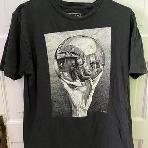 MC Escher Self Portrait Black Graphic T-Shirt with Surreal Art Size Large